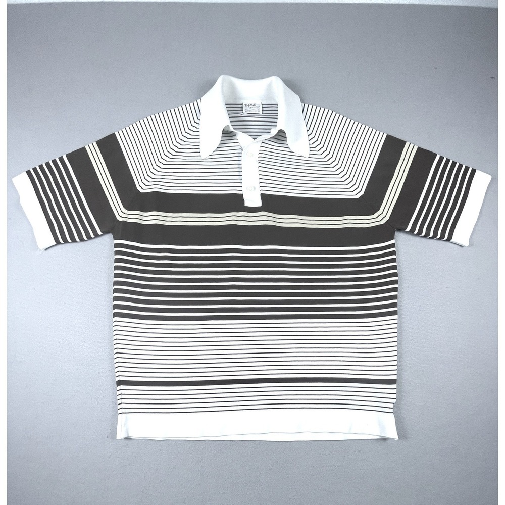 Thane Polo Vintage Shirt Mens L Brown White Tycora Striped Knit Short Sleeve USA